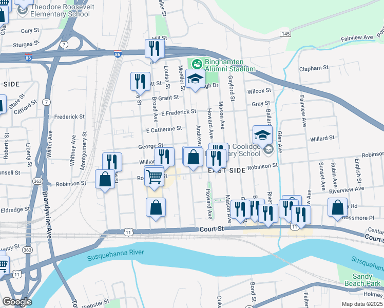 map of restaurants, bars, coffee shops, grocery stores, and more near 50 Moeller Street in Binghamton
