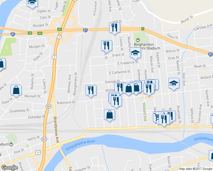 map of restaurants, bars, coffee shops, grocery stores, and more near 23 George Street in Binghamton