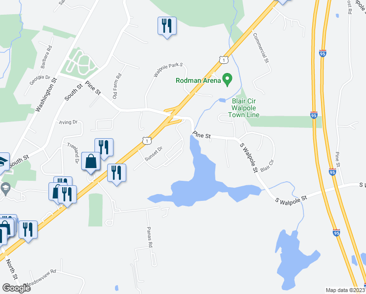 map of restaurants, bars, coffee shops, grocery stores, and more near 1112 Hilltop Drive in Walpole