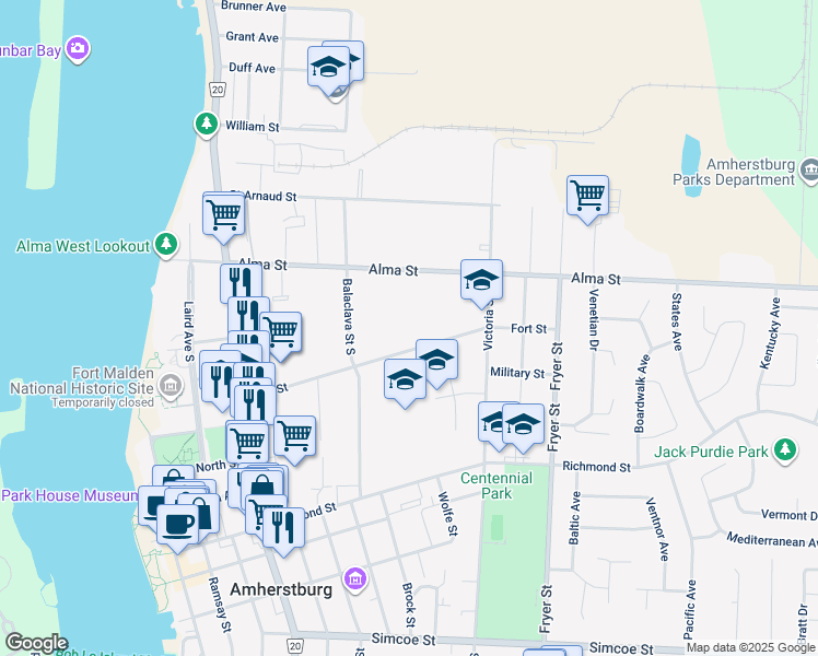 map of restaurants, bars, coffee shops, grocery stores, and more near 240 Fort Street in Amherstburg