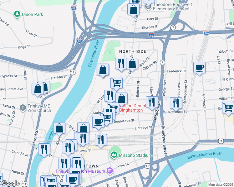 map of restaurants, bars, coffee shops, grocery stores, and more near 32 West State Street in Binghamton