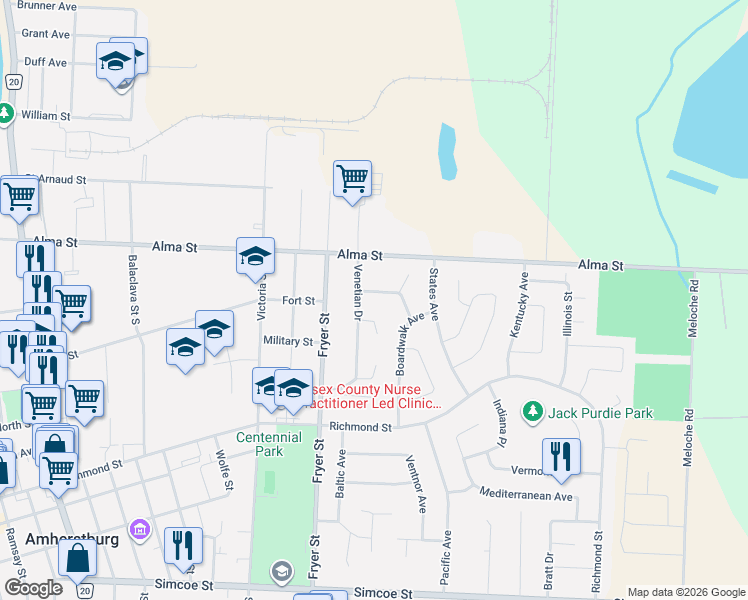 map of restaurants, bars, coffee shops, grocery stores, and more near 18 Riviera Drive in Amherstburg