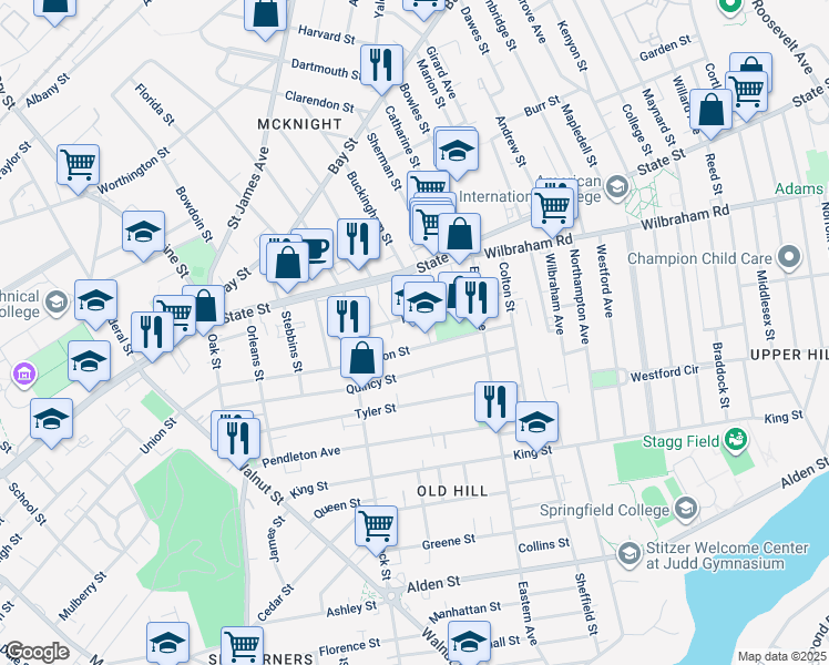 map of restaurants, bars, coffee shops, grocery stores, and more near 670 Union Street in Springfield
