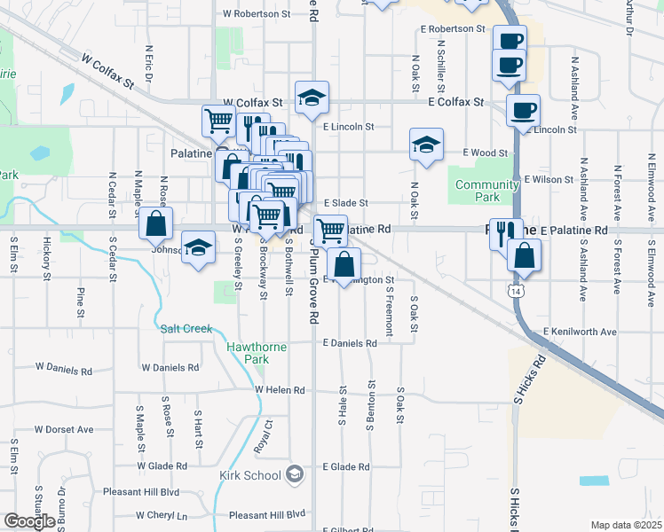 map of restaurants, bars, coffee shops, grocery stores, and more near 45 South Plum Grove Road in Palatine
