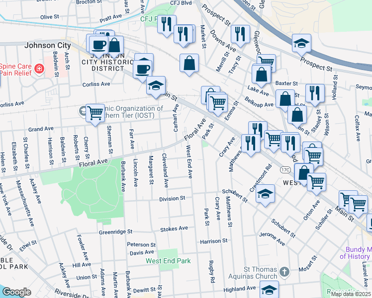map of restaurants, bars, coffee shops, grocery stores, and more near 189 West End Avenue in Binghamton