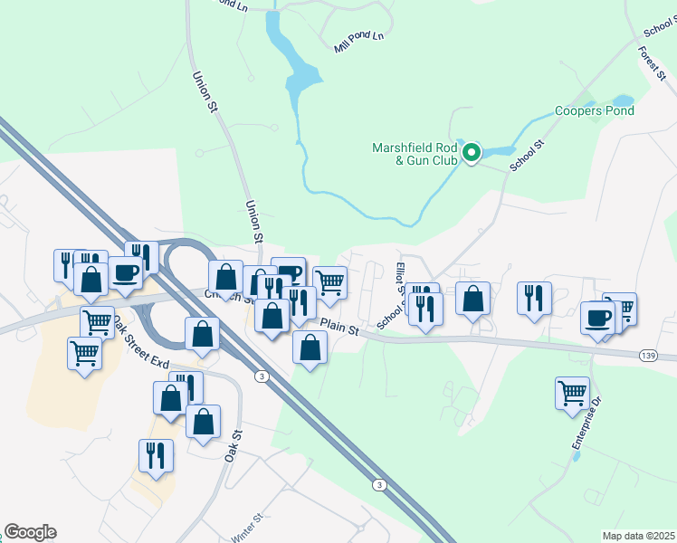 map of restaurants, bars, coffee shops, grocery stores, and more near 7 Royal Dane Drive in Marshfield
