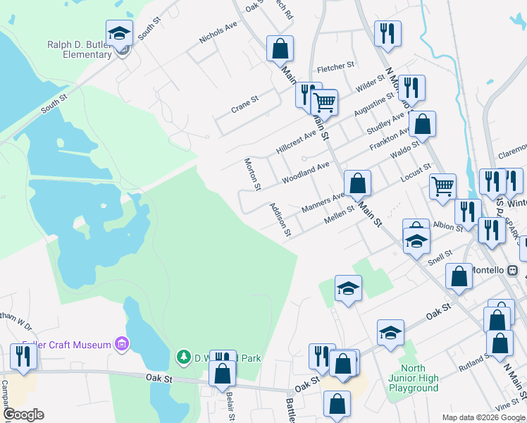 map of restaurants, bars, coffee shops, grocery stores, and more near 65 Addison Street in Brockton