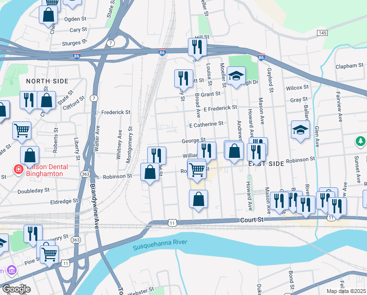 map of restaurants, bars, coffee shops, grocery stores, and more near 23 George Street in Binghamton