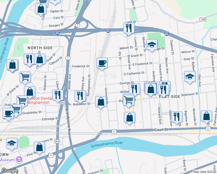 map of restaurants, bars, coffee shops, grocery stores, and more near 56 Griswold Street in Binghamton