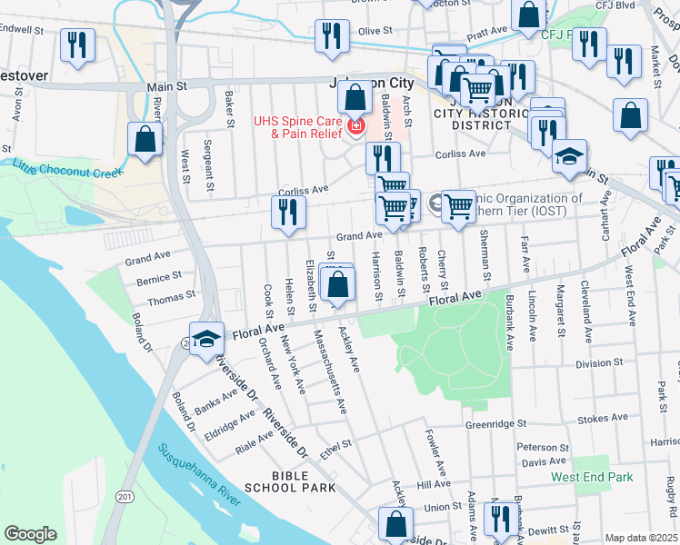 map of restaurants, bars, coffee shops, grocery stores, and more near 192 Hudson Street in Johnson City