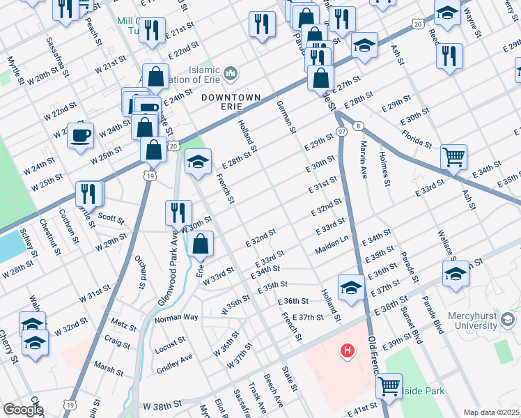 map of restaurants, bars, coffee shops, grocery stores, and more near 139 East 30th Street in Erie