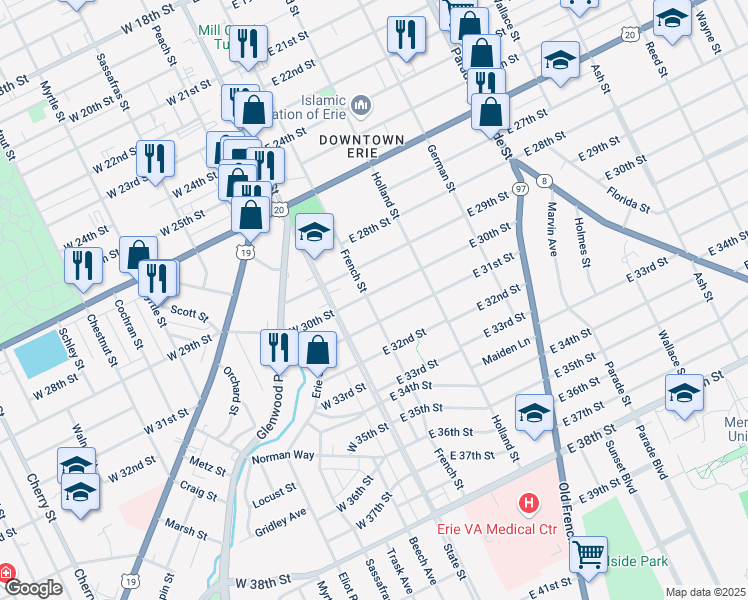 map of restaurants, bars, coffee shops, grocery stores, and more near 2915 French Street in Erie