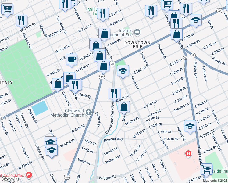 map of restaurants, bars, coffee shops, grocery stores, and more near 29 West 29th Street in Erie