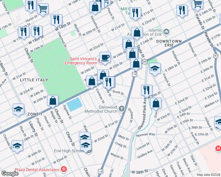 map of restaurants, bars, coffee shops, grocery stores, and more near 257 59 W 26 Street in Erie