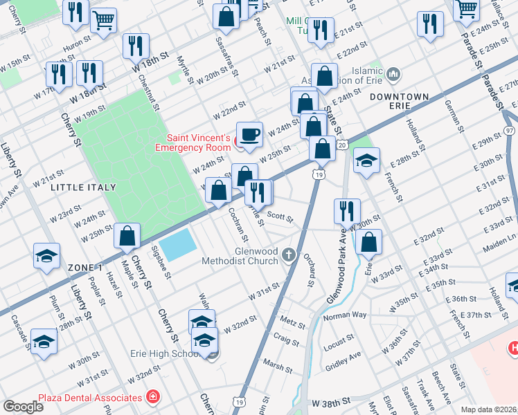 map of restaurants, bars, coffee shops, grocery stores, and more near 257 59 W 26 Street in Erie