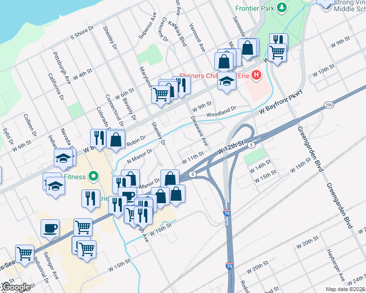 map of restaurants, bars, coffee shops, grocery stores, and more near 1945 Grove Drive in Erie