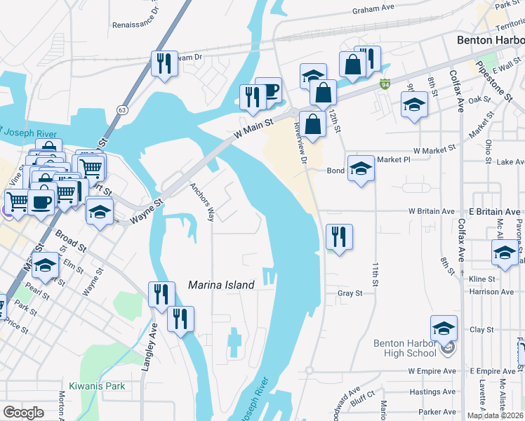 map of restaurants, bars, coffee shops, grocery stores, and more near 273 Shoreview Way in St. Joseph