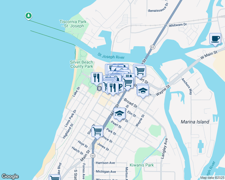 map of restaurants, bars, coffee shops, grocery stores, and more near 306 State Street in St. Joseph