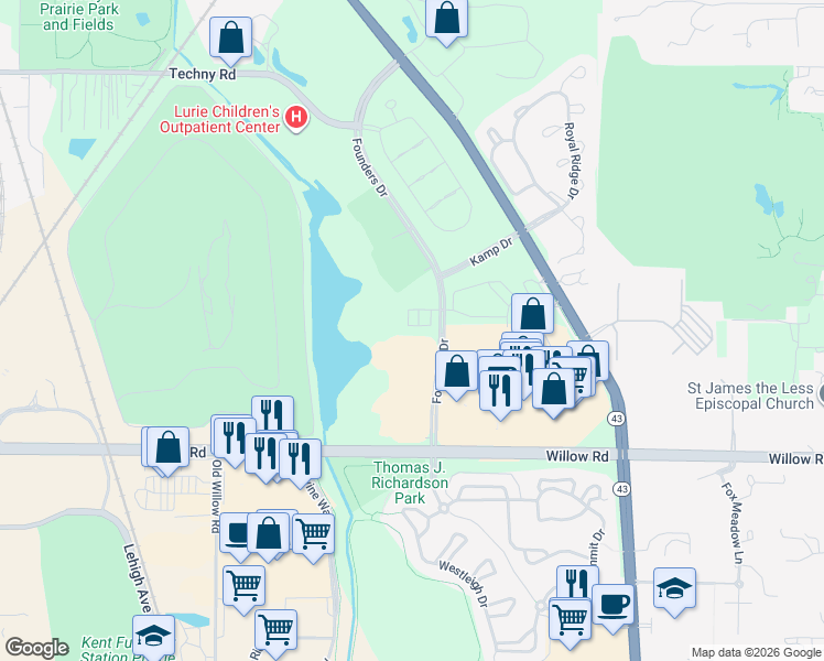 map of restaurants, bars, coffee shops, grocery stores, and more near 2338 Ascot Road in Northbrook