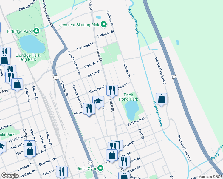 map of restaurants, bars, coffee shops, grocery stores, and more near 1226-1228 Lake Street in Elmira