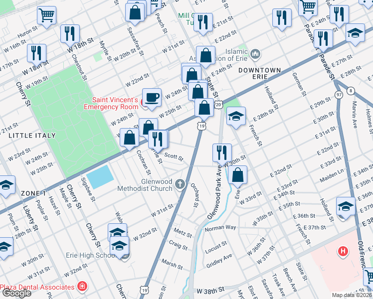 map of restaurants, bars, coffee shops, grocery stores, and more near 2686 Peach Street in Erie