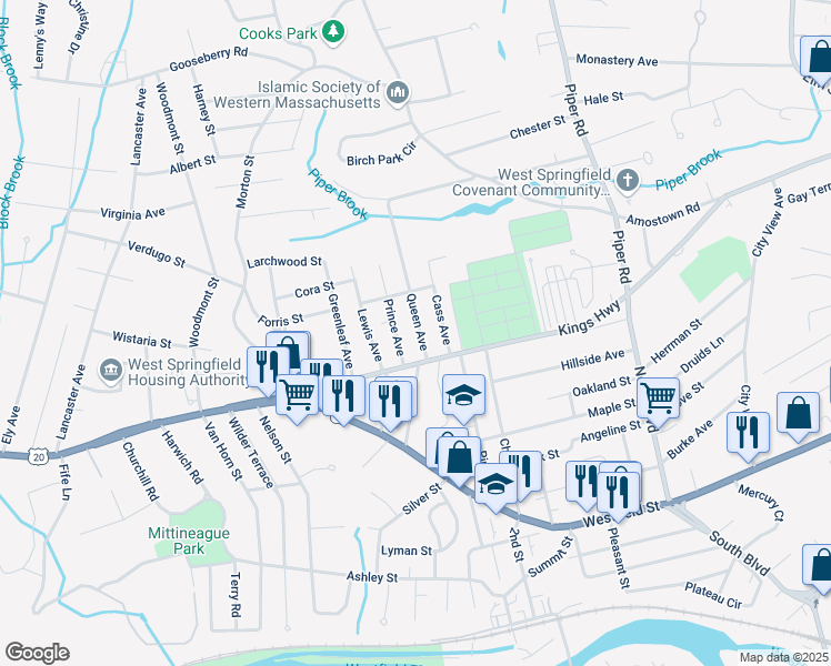 map of restaurants, bars, coffee shops, grocery stores, and more near 29 Queen Avenue in West Springfield