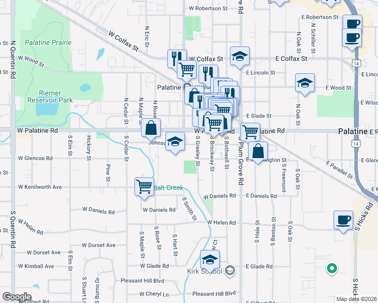 map of restaurants, bars, coffee shops, grocery stores, and more near 170 Johnson Street in Palatine