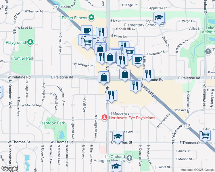 map of restaurants, bars, coffee shops, grocery stores, and more near 1828 N Arlington Heights Rd in Arlington Heights
