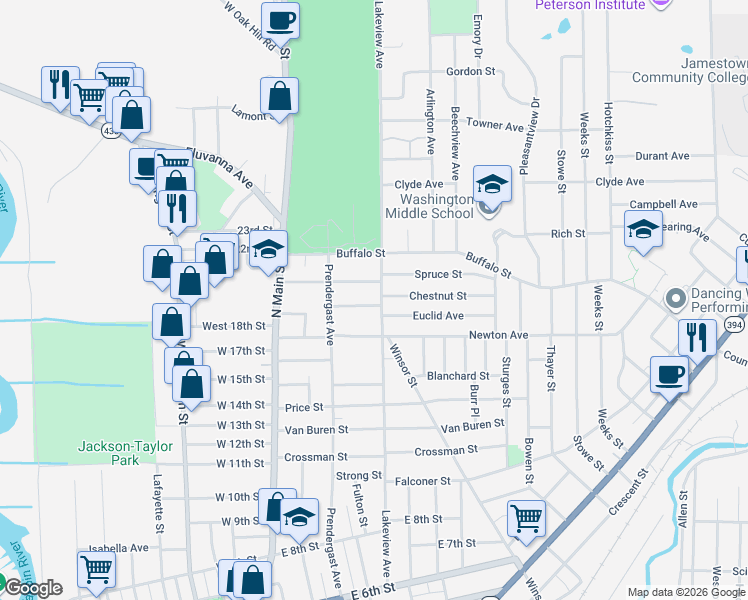 map of restaurants, bars, coffee shops, grocery stores, and more near 130 Wilson Place in Jamestown