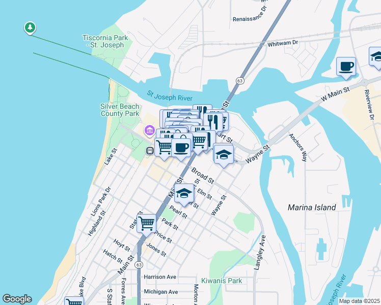 map of restaurants, bars, coffee shops, grocery stores, and more near 613 Pleasant Street in St. Joseph