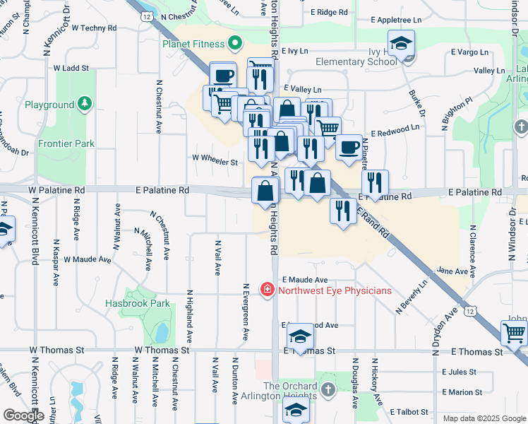 map of restaurants, bars, coffee shops, grocery stores, and more near 1828 North Arlington Heights Road in Arlington Heights