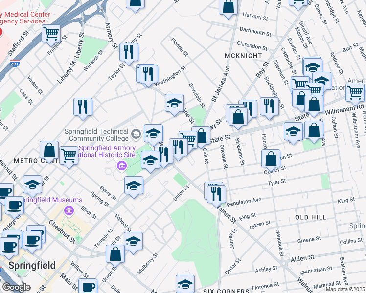 map of restaurants, bars, coffee shops, grocery stores, and more near 1 Federal Street in Springfield