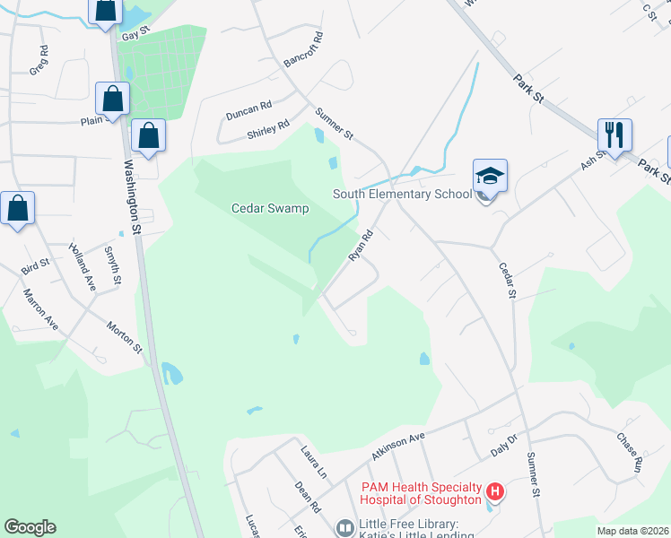 map of restaurants, bars, coffee shops, grocery stores, and more near 105 Ryan Road in Stoughton