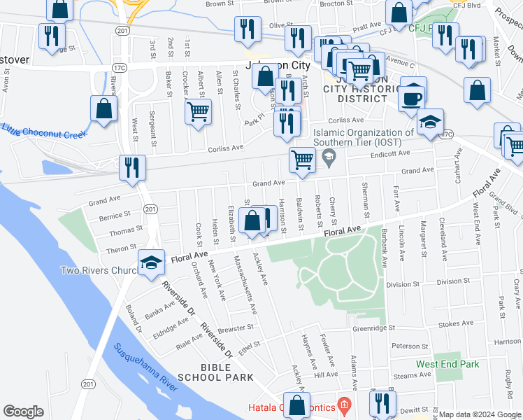 map of restaurants, bars, coffee shops, grocery stores, and more near 208 Hudson Street in Johnson City