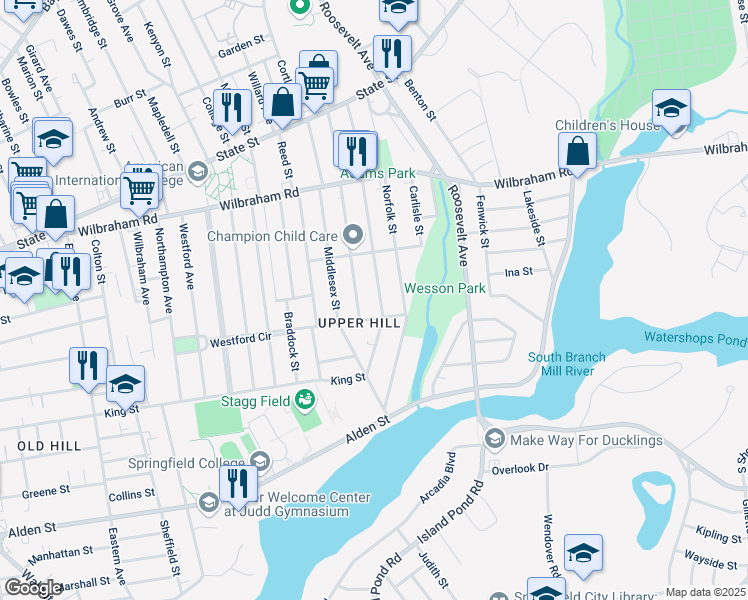 map of restaurants, bars, coffee shops, grocery stores, and more near 123 Bristol Street in Springfield