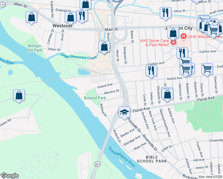 map of restaurants, bars, coffee shops, grocery stores, and more near 478 Grand Avenue in Johnson City