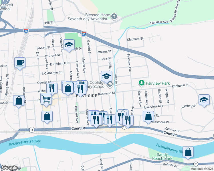 map of restaurants, bars, coffee shops, grocery stores, and more near 261 Robinson Street in Binghamton