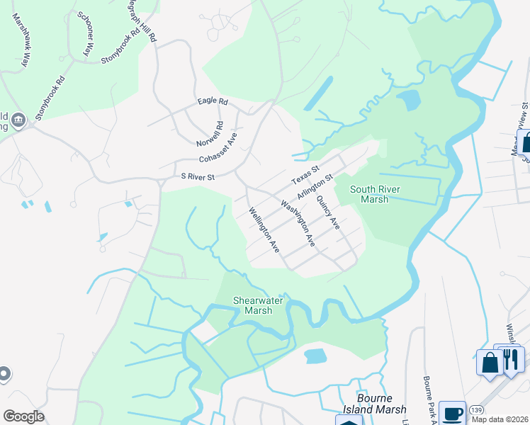 map of restaurants, bars, coffee shops, grocery stores, and more near 65 Arlington Street in Marshfield