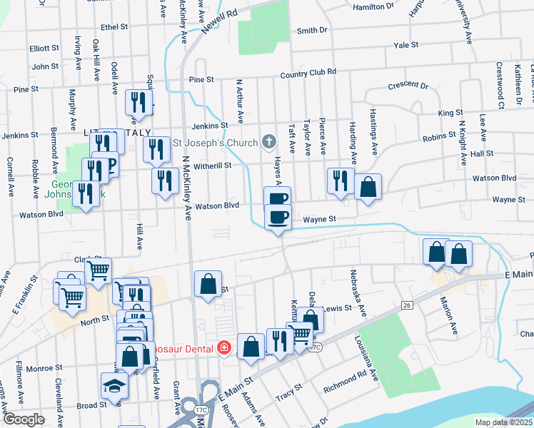 map of restaurants, bars, coffee shops, grocery stores, and more near 1912 Watson Boulevard in Endicott