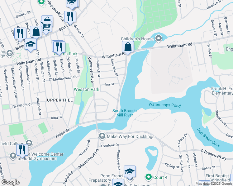 map of restaurants, bars, coffee shops, grocery stores, and more near 760 Alden Street in Springfield