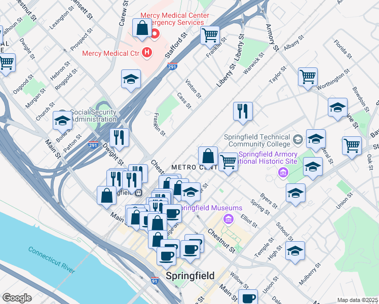 map of restaurants, bars, coffee shops, grocery stores, and more near 204 Lyman Street in Springfield