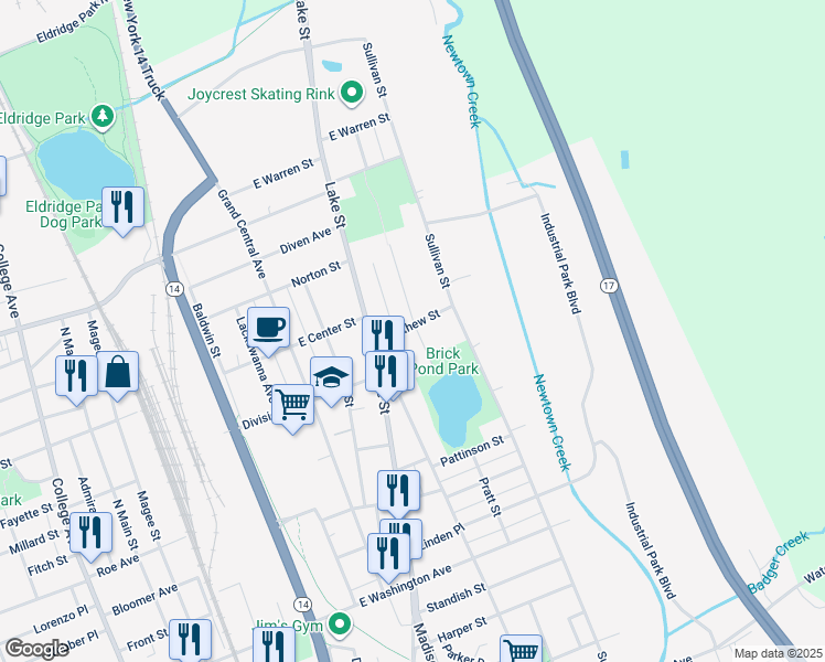 map of restaurants, bars, coffee shops, grocery stores, and more near 418 Mathews Street in Elmira