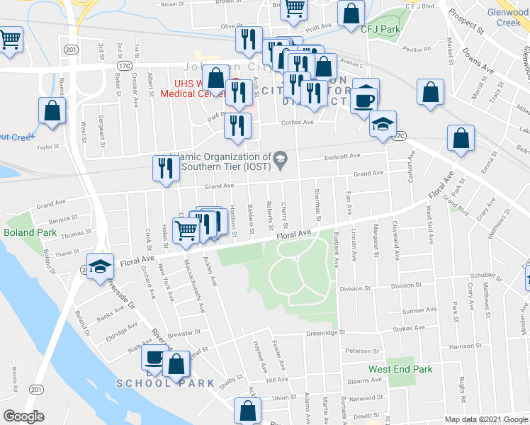 map of restaurants, bars, coffee shops, grocery stores, and more near 40 Roberts Street in Johnson City