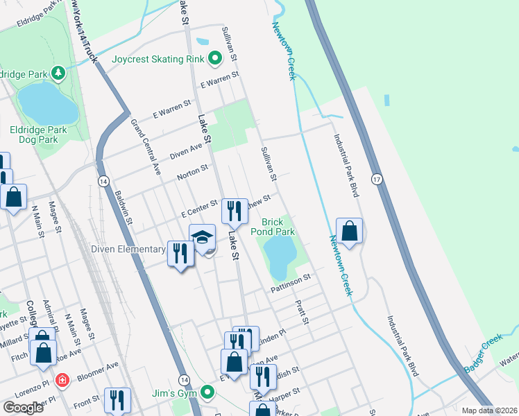 map of restaurants, bars, coffee shops, grocery stores, and more near 417 Matthew Street in Elmira