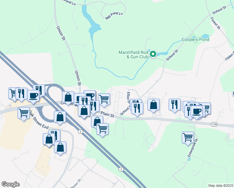map of restaurants, bars, coffee shops, grocery stores, and more near 1020 Plain Street in Marshfield