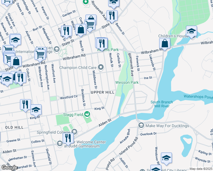 map of restaurants, bars, coffee shops, grocery stores, and more near 123 Bristol Street in Springfield