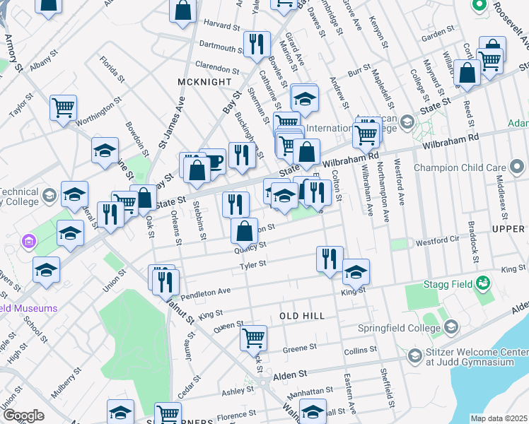 map of restaurants, bars, coffee shops, grocery stores, and more near 54 Monroe St in Springfield