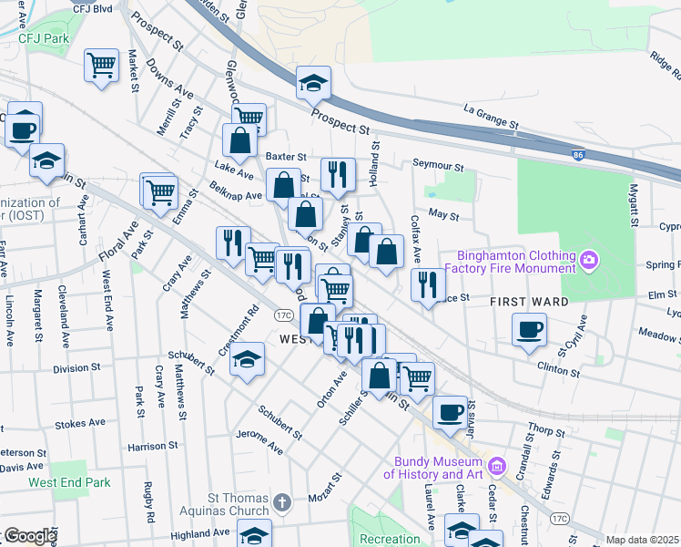 map of restaurants, bars, coffee shops, grocery stores, and more near 305 Clinton Street in Binghamton