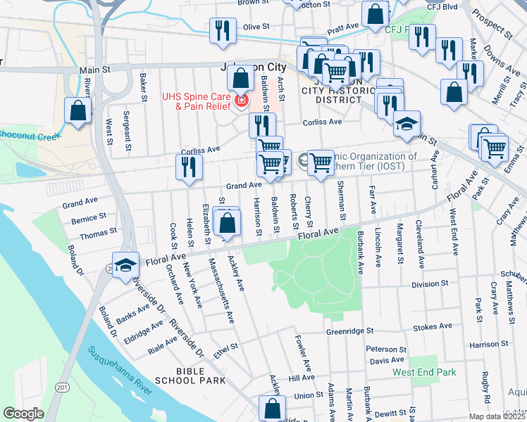 map of restaurants, bars, coffee shops, grocery stores, and more near 191 Harrison Street in Johnson City