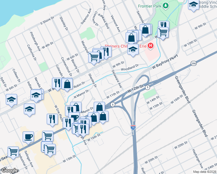 map of restaurants, bars, coffee shops, grocery stores, and more near 1945 Grove Drive in Erie